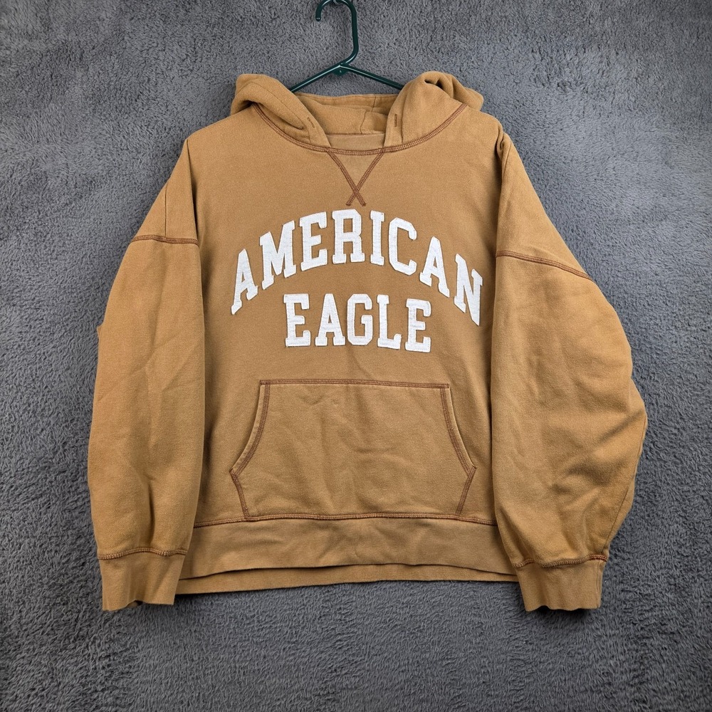 American Eagle Hoodie Men's Extra Large Tan Spellout Hooded Sweatshirt